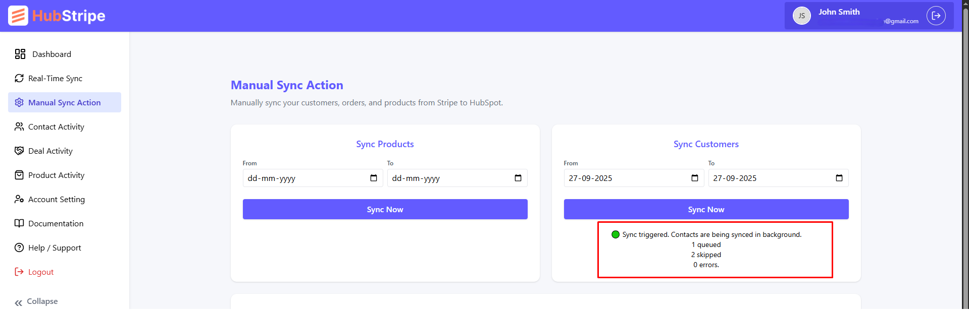 Manual sync contacts with date range