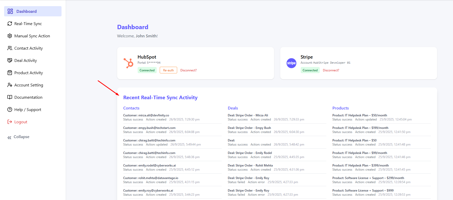 Recent activity log